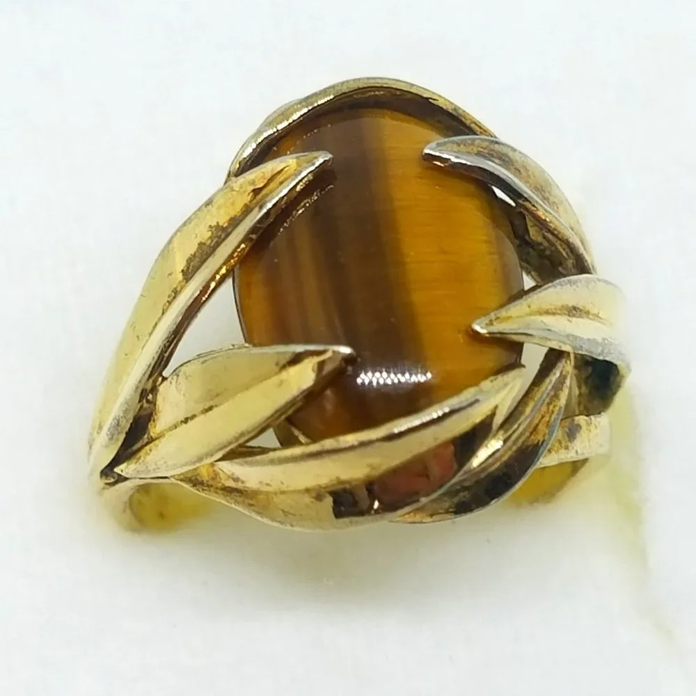 Vintage Oval Tiger Eye Stone Ring set in 925 Gold Plated Sterling Silver Ring